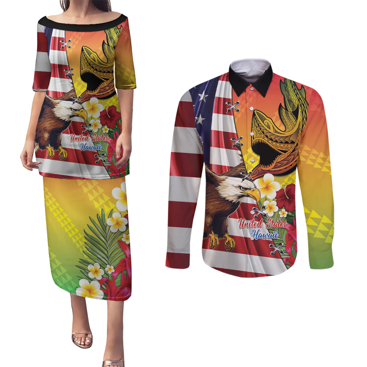 Personalised United States And Hawaii Couples Matching Puletasi and Long Sleeve Button Shirt USA Eagle With Hawaiian Shark Tattoo - Wonder Print Shop