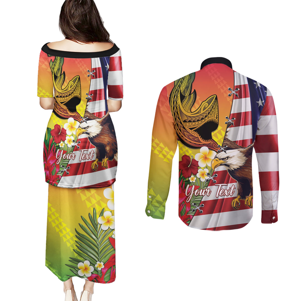 Personalised United States And Hawaii Couples Matching Puletasi and Long Sleeve Button Shirt USA Eagle With Hawaiian Shark Tattoo - Wonder Print Shop