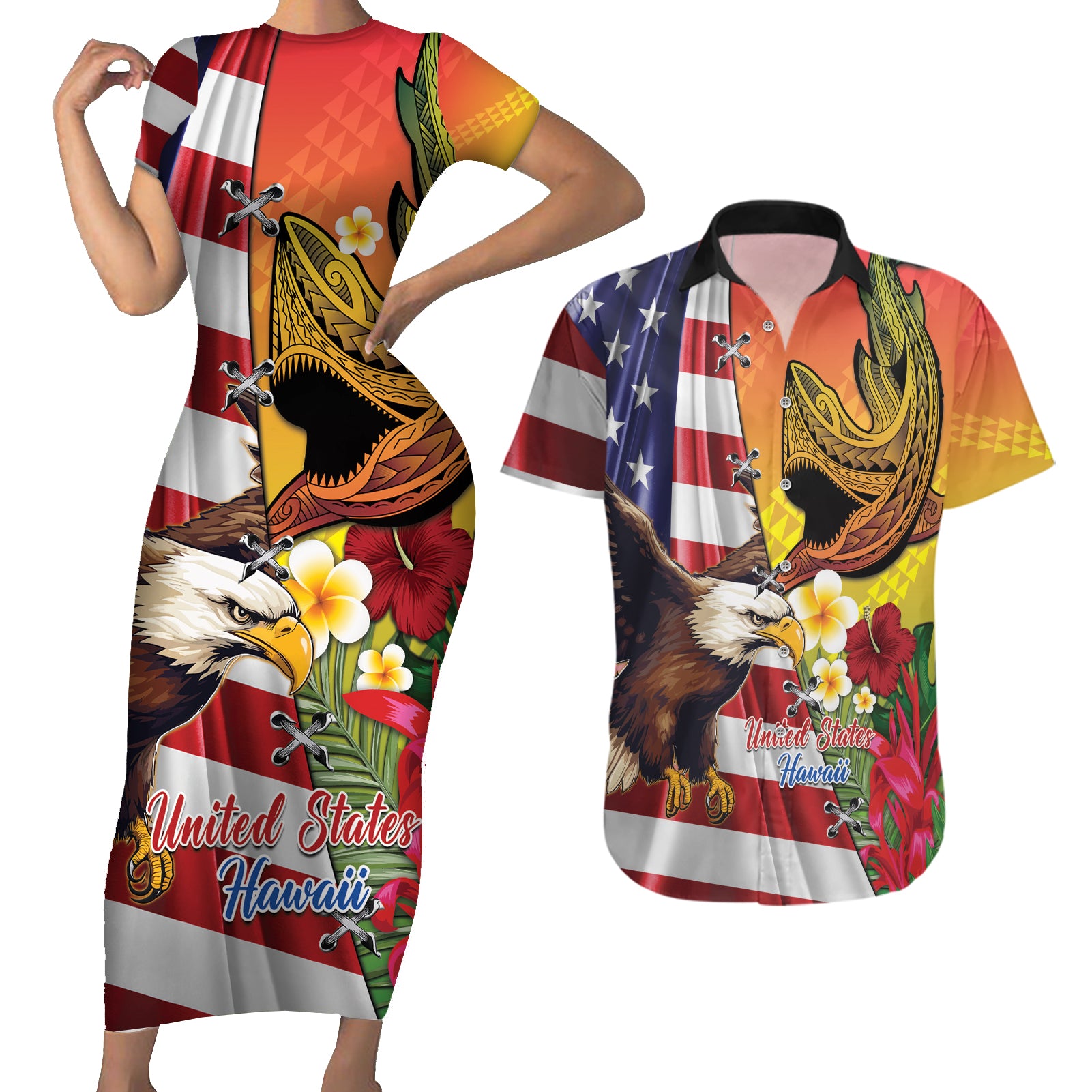 Personalised United States And Hawaii Couples Matching Short Sleeve Bodycon Dress and Hawaiian Shirt USA Eagle With Hawaiian Shark Tattoo - Wonder Print Shop