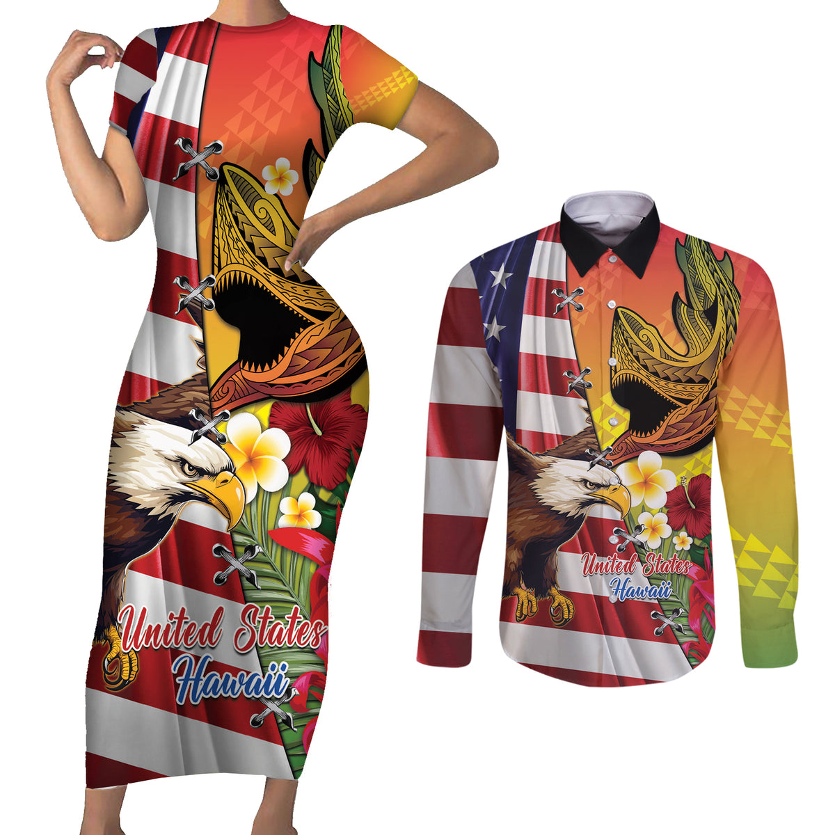 Personalised United States And Hawaii Couples Matching Short Sleeve Bodycon Dress and Long Sleeve Button Shirt USA Eagle With Hawaiian Shark Tattoo - Wonder Print Shop