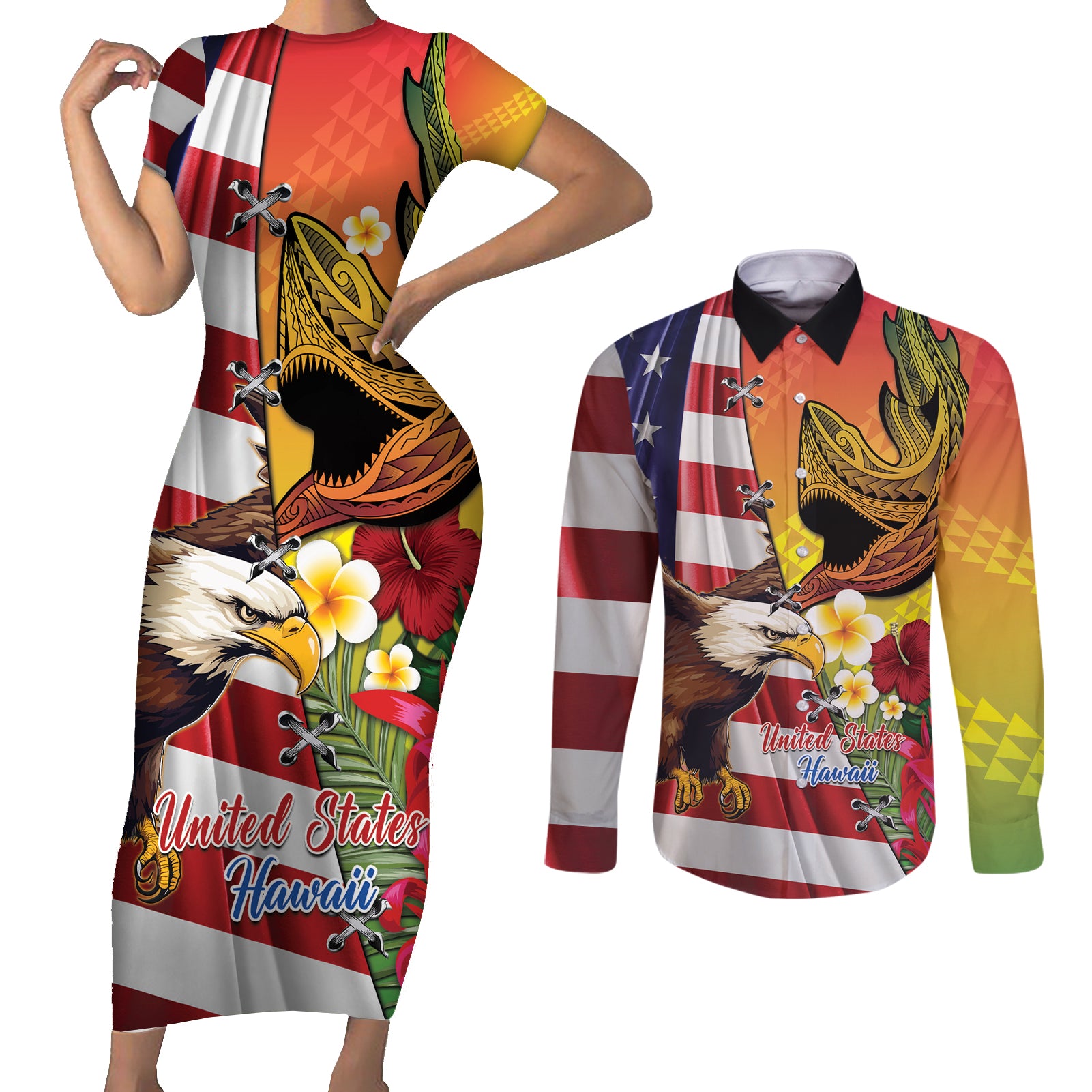 Personalised United States And Hawaii Couples Matching Short Sleeve Bodycon Dress and Long Sleeve Button Shirt USA Eagle With Hawaiian Shark Tattoo - Wonder Print Shop