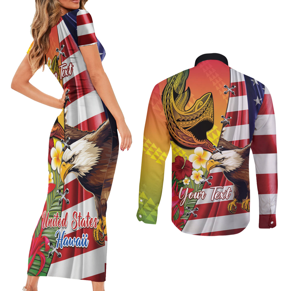 Personalised United States And Hawaii Couples Matching Short Sleeve Bodycon Dress and Long Sleeve Button Shirt USA Eagle With Hawaiian Shark Tattoo - Wonder Print Shop