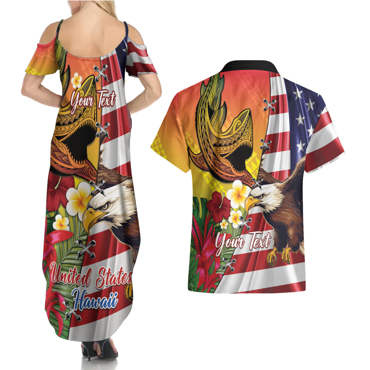Personalised United States And Hawaii Couples Matching Summer Maxi Dress and Hawaiian Shirt USA Eagle With Hawaiian Shark Tattoo - Wonder Print Shop