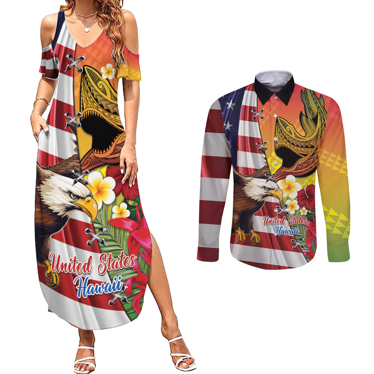 Personalised United States And Hawaii Couples Matching Summer Maxi Dress and Long Sleeve Button Shirt USA Eagle With Hawaiian Shark Tattoo - Wonder Print Shop