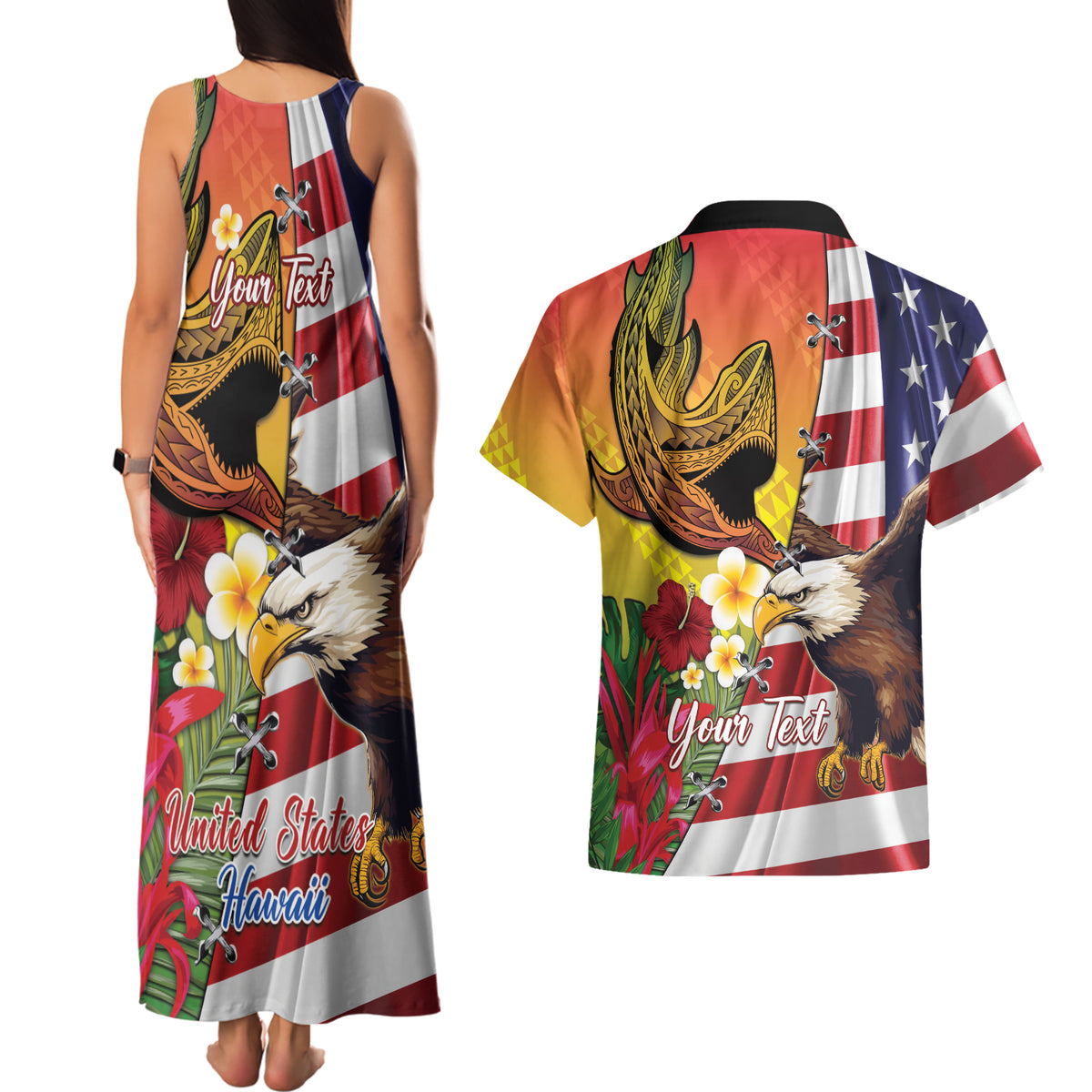 Personalised United States And Hawaii Couples Matching Tank Maxi Dress and Hawaiian Shirt USA Eagle With Hawaiian Shark Tattoo - Wonder Print Shop