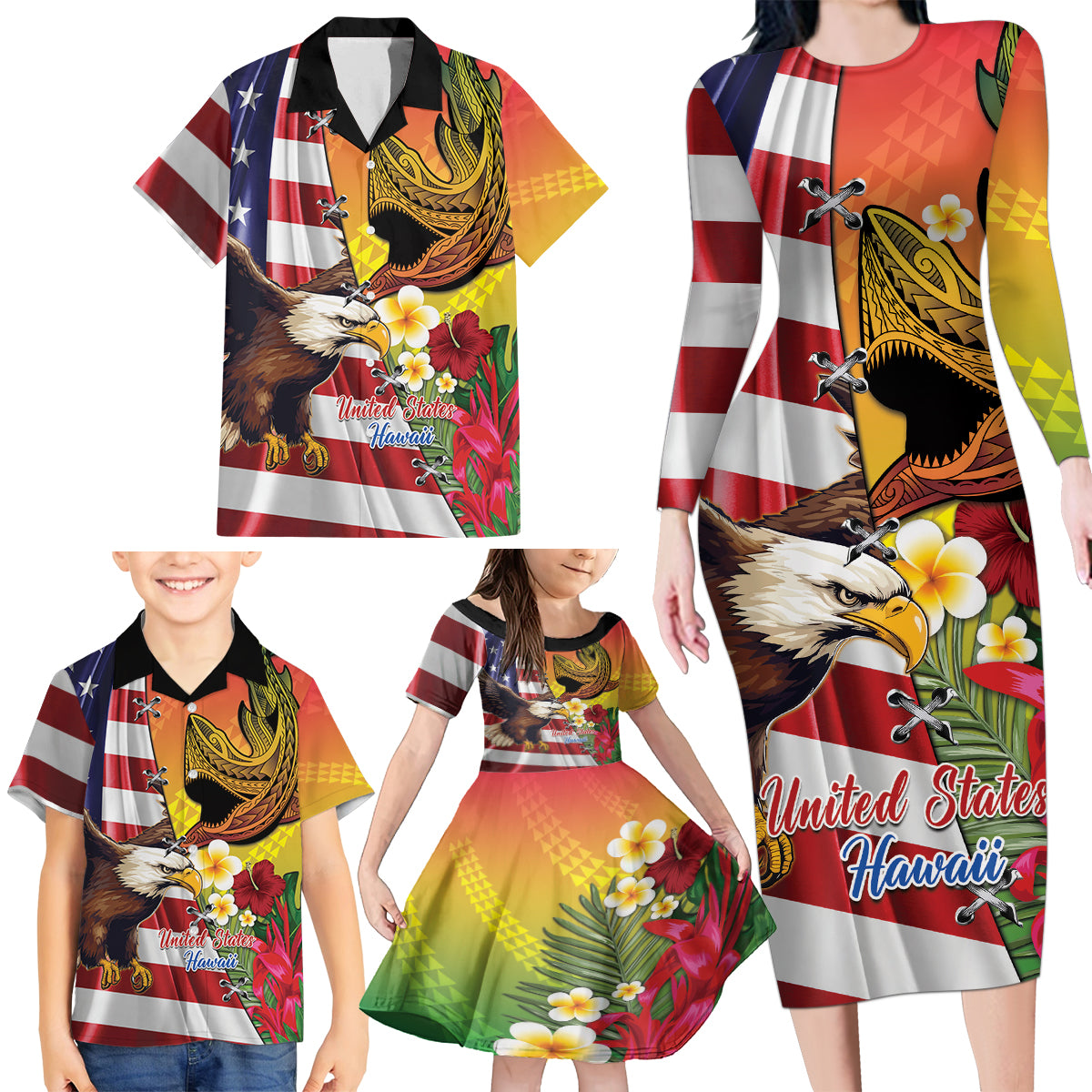 Personalised United States And Hawaii Family Matching Long Sleeve Bodycon Dress and Hawaiian Shirt USA Eagle With Hawaiian Shark Tattoo - Wonder Print Shop