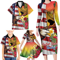 Personalised United States And Hawaii Family Matching Long Sleeve Bodycon Dress and Hawaiian Shirt USA Eagle With Hawaiian Shark Tattoo - Wonder Print Shop