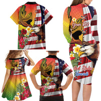 Personalised United States And Hawaii Family Matching Long Sleeve Bodycon Dress and Hawaiian Shirt USA Eagle With Hawaiian Shark Tattoo - Wonder Print Shop