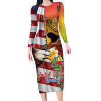 Personalised United States And Hawaii Family Matching Long Sleeve Bodycon Dress and Hawaiian Shirt USA Eagle With Hawaiian Shark Tattoo - Wonder Print Shop