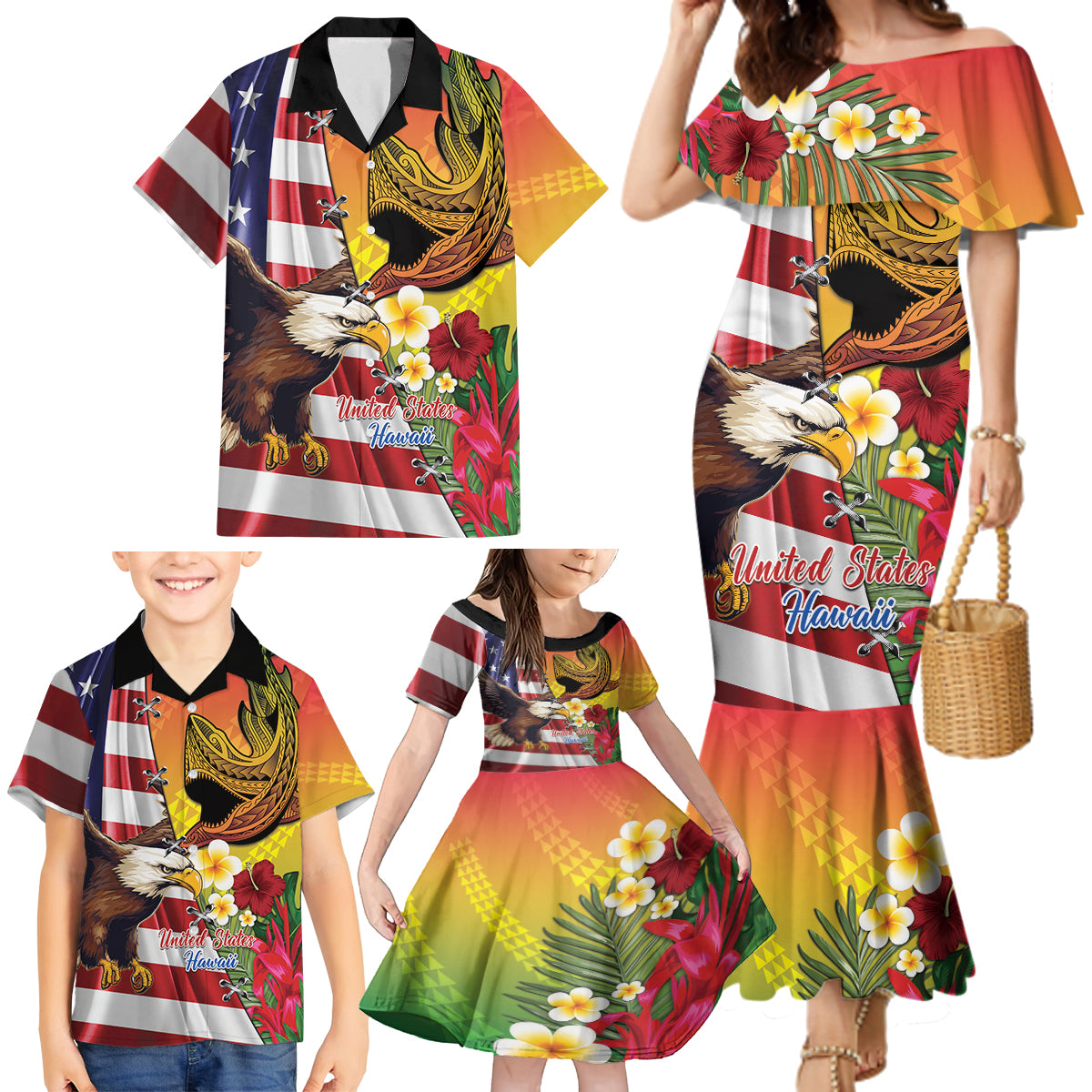 Personalised United States And Hawaii Family Matching Mermaid Dress and Hawaiian Shirt USA Eagle With Hawaiian Shark Tattoo - Wonder Print Shop