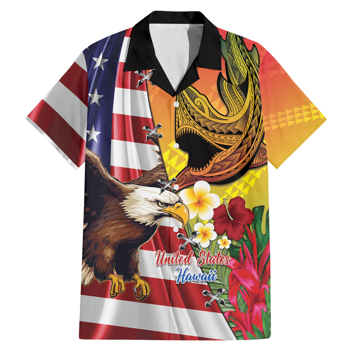 Personalised United States And Hawaii Family Matching Mermaid Dress and Hawaiian Shirt USA Eagle With Hawaiian Shark Tattoo - Wonder Print Shop