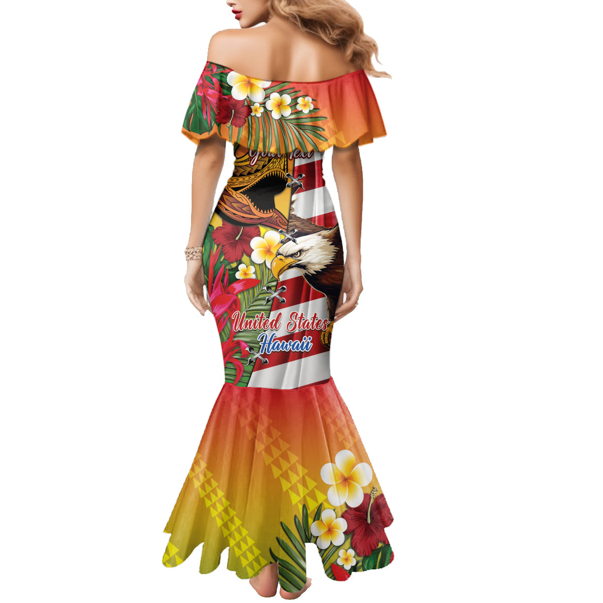 Personalised United States And Hawaii Family Matching Mermaid Dress and Hawaiian Shirt USA Eagle With Hawaiian Shark Tattoo - Wonder Print Shop