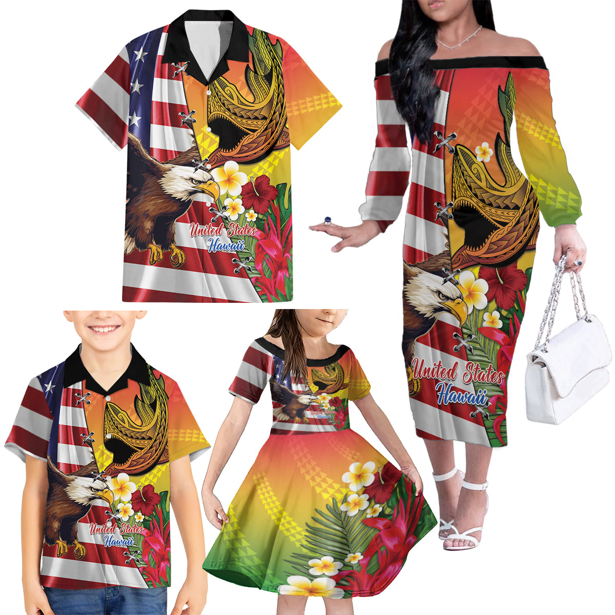 Personalised United States And Hawaii Family Matching Off The Shoulder Long Sleeve Dress and Hawaiian Shirt USA Eagle With Hawaiian Shark Tattoo - Wonder Print Shop