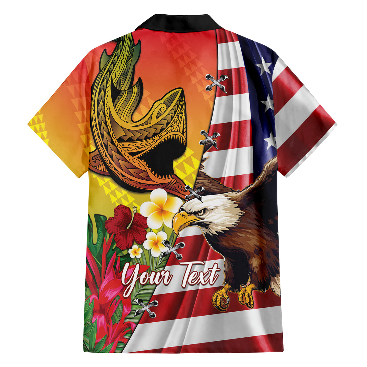 Personalised United States And Hawaii Family Matching Off The Shoulder Long Sleeve Dress and Hawaiian Shirt USA Eagle With Hawaiian Shark Tattoo - Wonder Print Shop