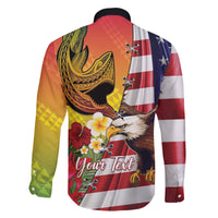 Personalised United States And Hawaii Family Matching Off The Shoulder Long Sleeve Dress and Hawaiian Shirt USA Eagle With Hawaiian Shark Tattoo - Wonder Print Shop