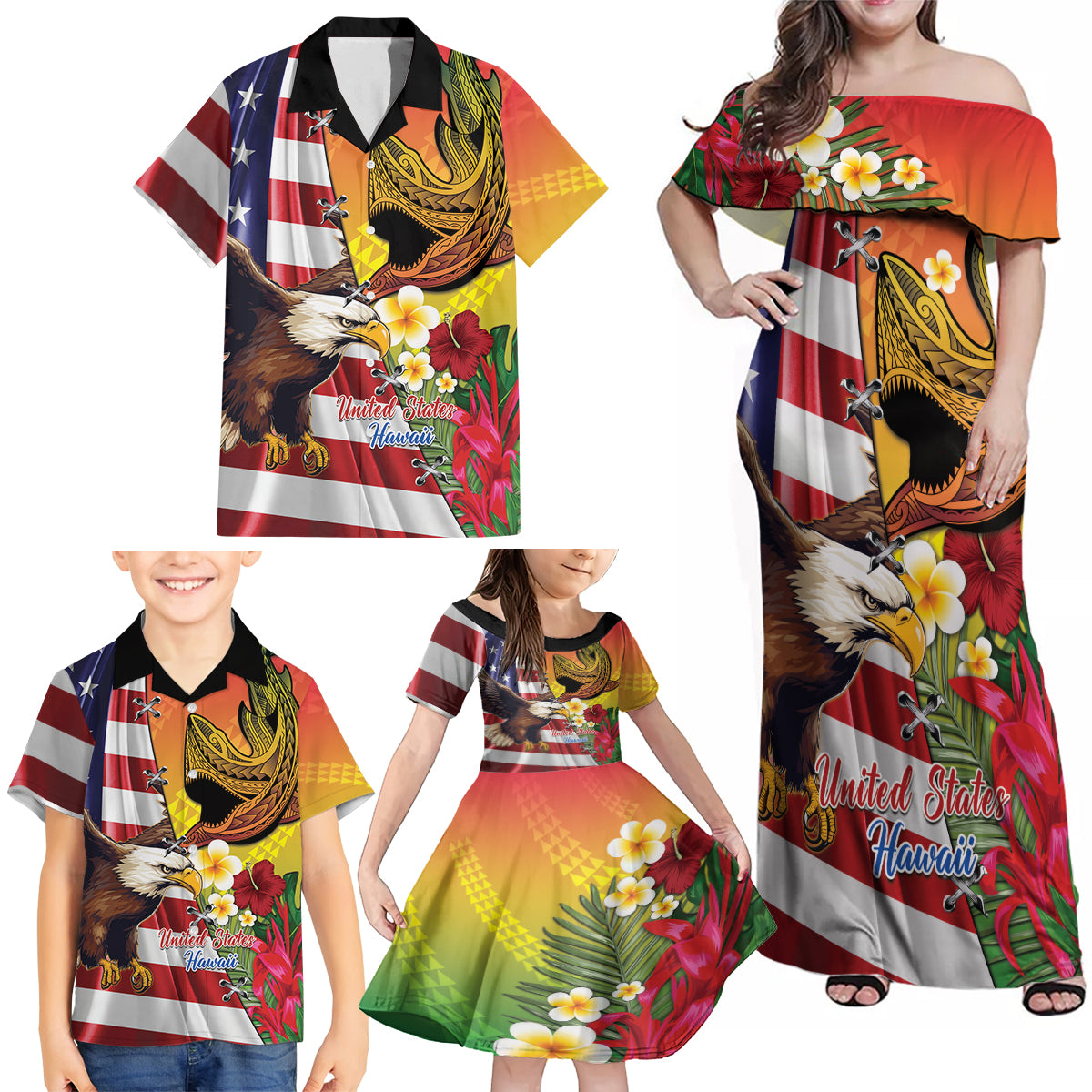 Personalised United States And Hawaii Family Matching Off Shoulder Maxi Dress and Hawaiian Shirt USA Eagle With Hawaiian Shark Tattoo - Wonder Print Shop