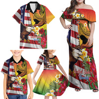 Personalised United States And Hawaii Family Matching Off Shoulder Maxi Dress and Hawaiian Shirt USA Eagle With Hawaiian Shark Tattoo - Wonder Print Shop
