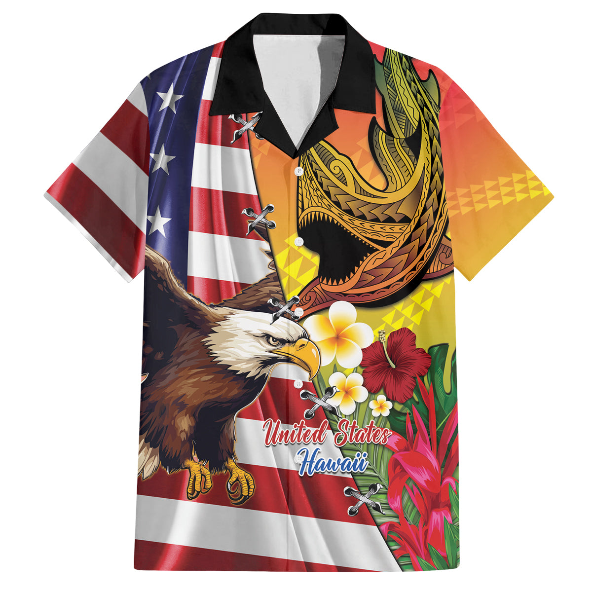 Personalised United States And Hawaii Family Matching Off Shoulder Maxi Dress and Hawaiian Shirt USA Eagle With Hawaiian Shark Tattoo - Wonder Print Shop