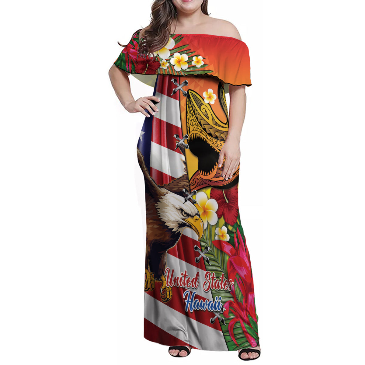 Personalised United States And Hawaii Family Matching Off Shoulder Maxi Dress and Hawaiian Shirt USA Eagle With Hawaiian Shark Tattoo - Wonder Print Shop