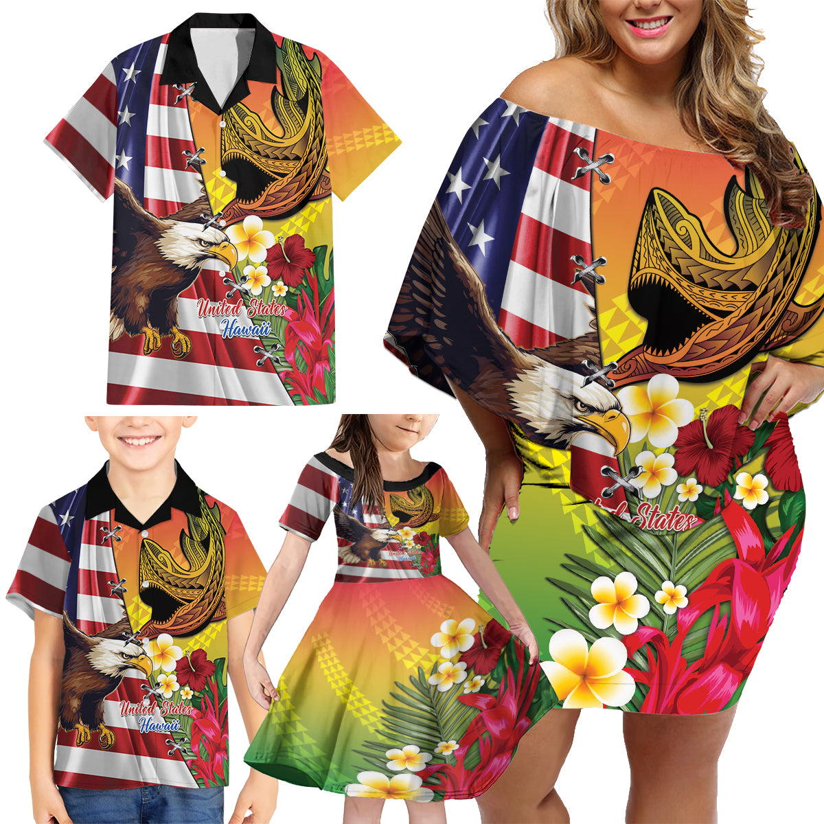 Personalised United States And Hawaii Family Matching Off Shoulder Short Dress and Hawaiian Shirt USA Eagle With Hawaiian Shark Tattoo - Wonder Print Shop