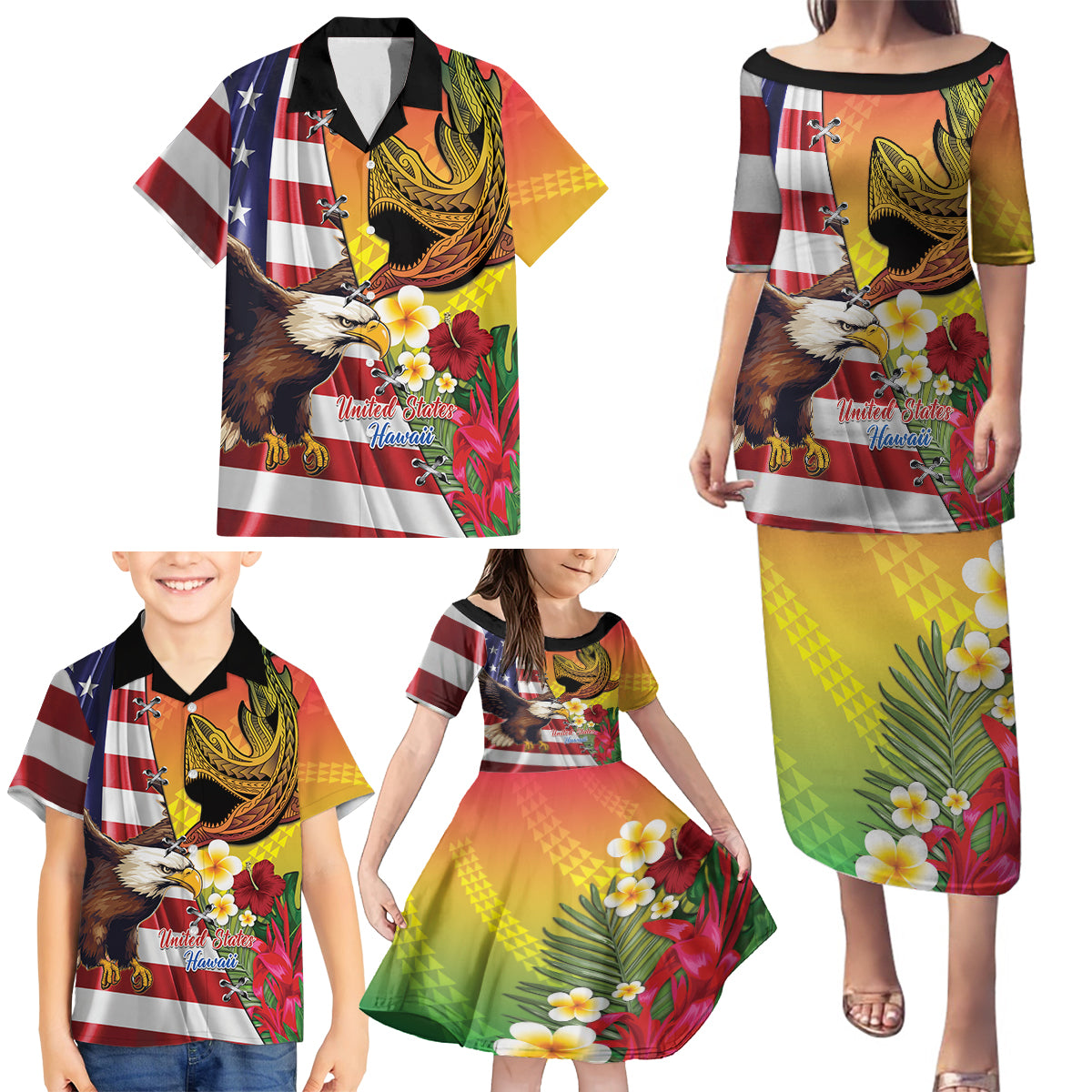 Personalised United States And Hawaii Family Matching Puletasi and Hawaiian Shirt USA Eagle With Hawaiian Shark Tattoo - Wonder Print Shop