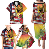 Personalised United States And Hawaii Family Matching Puletasi and Hawaiian Shirt USA Eagle With Hawaiian Shark Tattoo - Wonder Print Shop