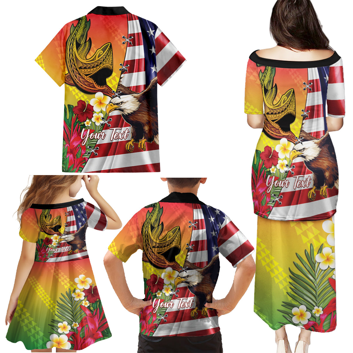 Personalised United States And Hawaii Family Matching Puletasi and Hawaiian Shirt USA Eagle With Hawaiian Shark Tattoo - Wonder Print Shop