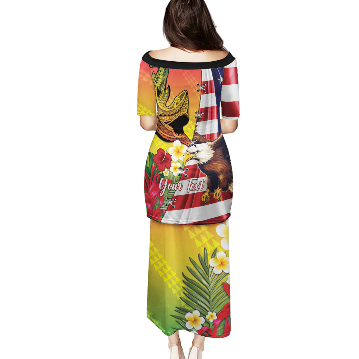 Personalised United States And Hawaii Family Matching Puletasi and Hawaiian Shirt USA Eagle With Hawaiian Shark Tattoo - Wonder Print Shop