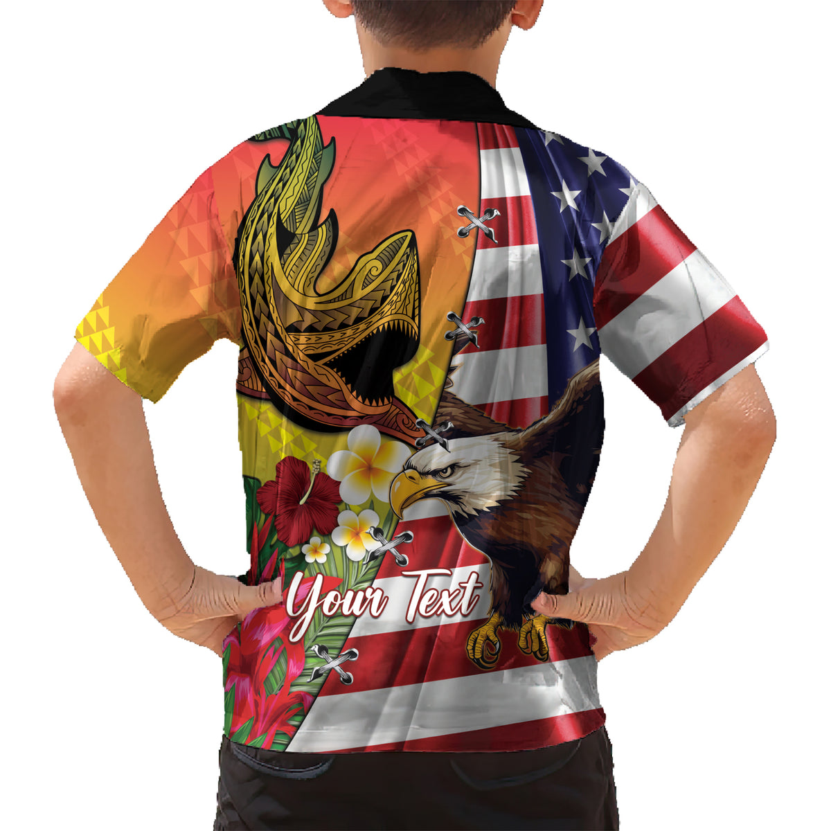 Personalised United States And Hawaii Family Matching Short Sleeve Bodycon Dress and Hawaiian Shirt USA Eagle With Hawaiian Shark Tattoo - Wonder Print Shop
