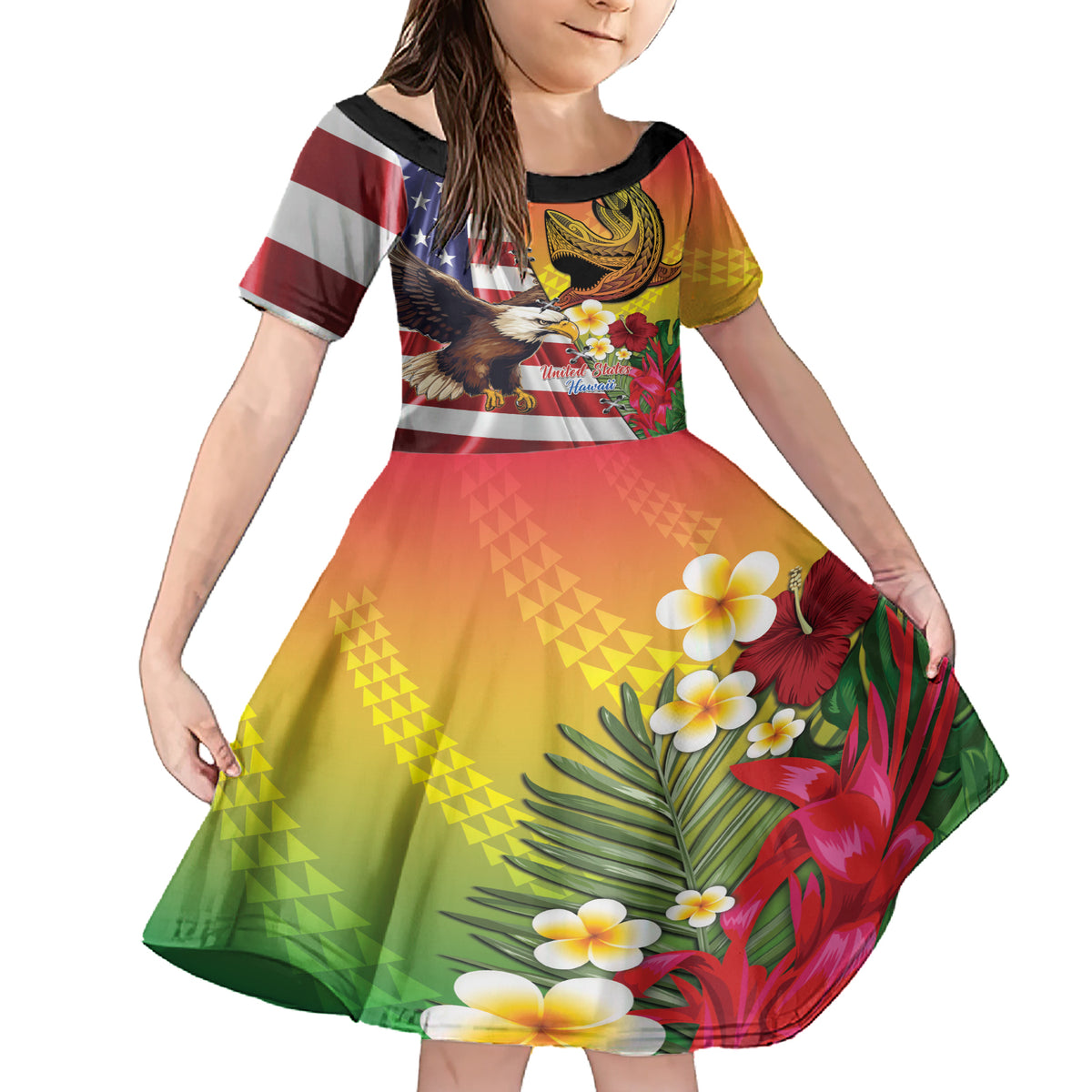 Personalised United States And Hawaii Family Matching Short Sleeve Bodycon Dress and Hawaiian Shirt USA Eagle With Hawaiian Shark Tattoo - Wonder Print Shop