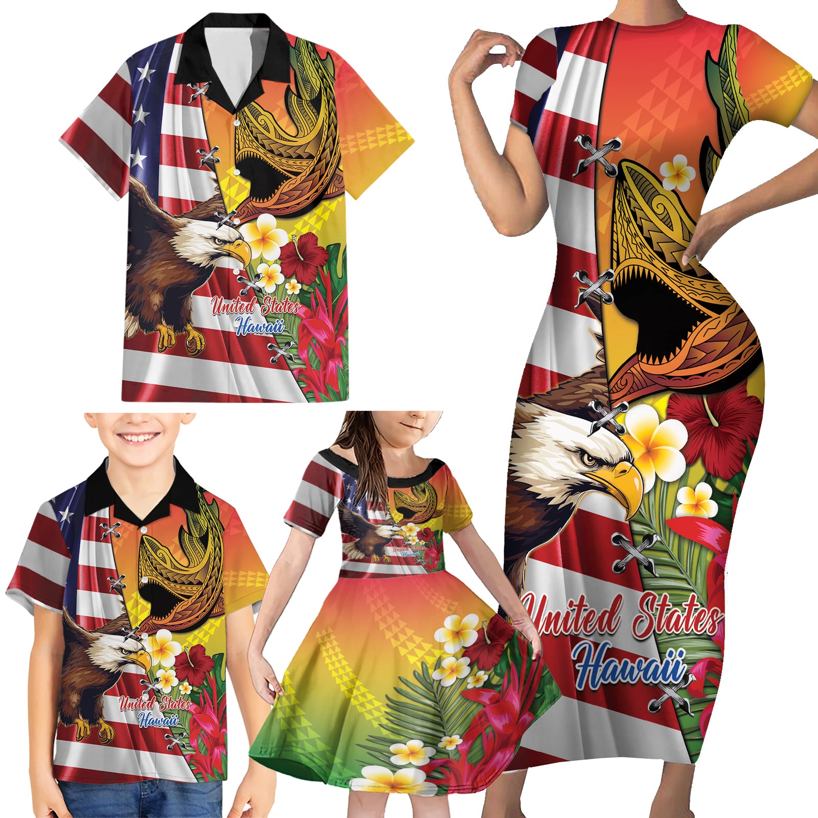 Personalised United States And Hawaii Family Matching Short Sleeve Bodycon Dress and Hawaiian Shirt USA Eagle With Hawaiian Shark Tattoo - Wonder Print Shop