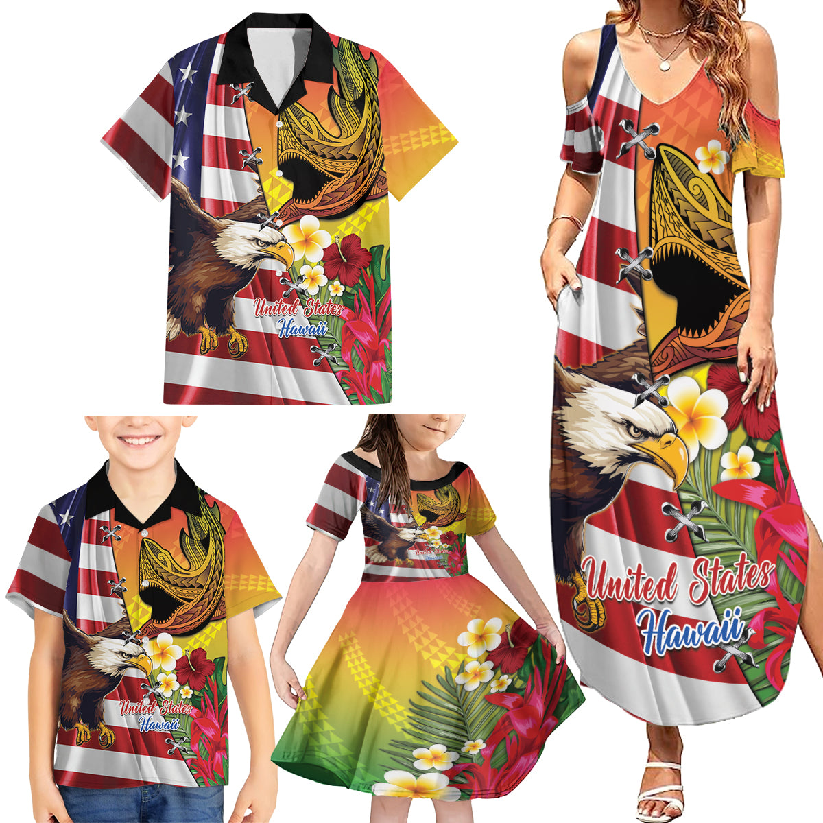 Personalised United States And Hawaii Family Matching Summer Maxi Dress and Hawaiian Shirt USA Eagle With Hawaiian Shark Tattoo - Wonder Print Shop