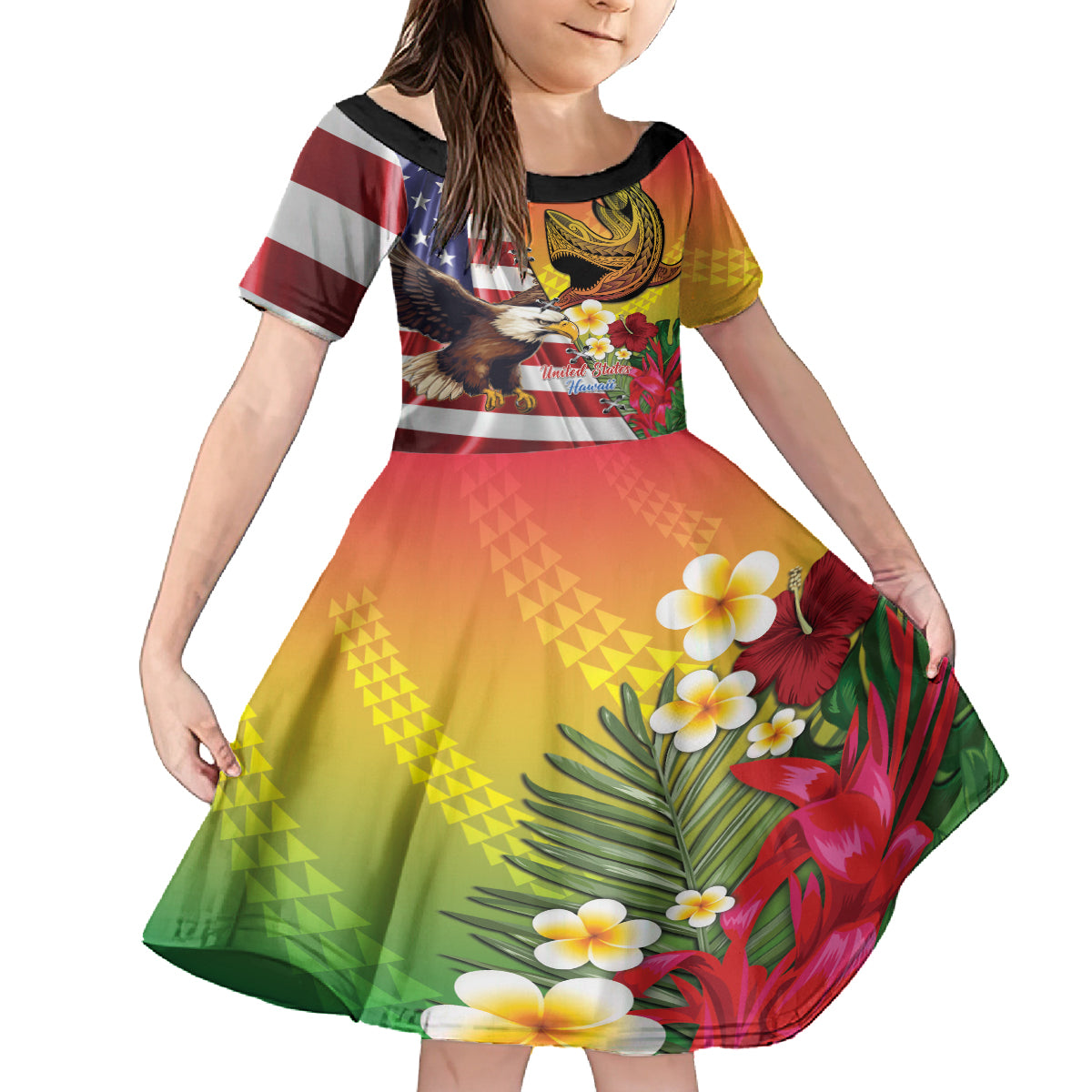 Personalised United States And Hawaii Family Matching Tank Maxi Dress and Hawaiian Shirt USA Eagle With Hawaiian Shark Tattoo - Wonder Print Shop