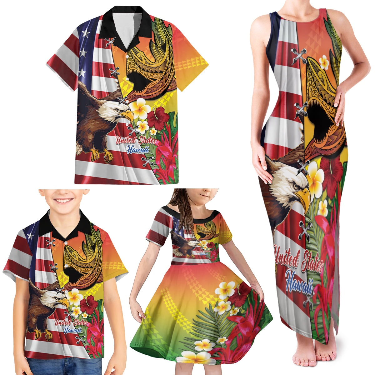 Personalised United States And Hawaii Family Matching Tank Maxi Dress and Hawaiian Shirt USA Eagle With Hawaiian Shark Tattoo - Wonder Print Shop