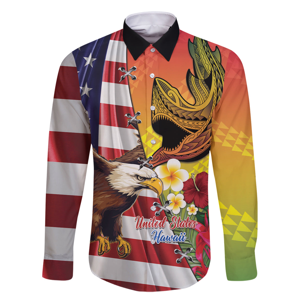 Personalised United States And Hawaii Family Matching Tank Maxi Dress and Hawaiian Shirt USA Eagle With Hawaiian Shark Tattoo - Wonder Print Shop