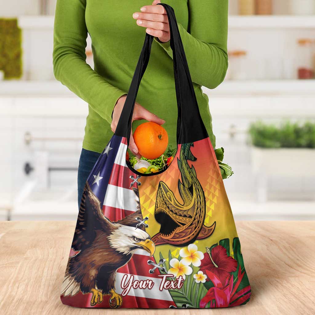 Personalised United States And Hawaii Grocery Bag USA Eagle With Hawaiian Shark Tattoo