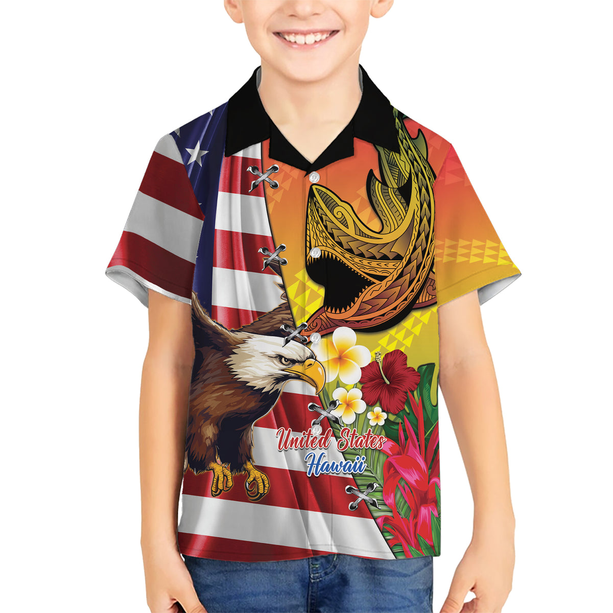 Personalised United States And Hawaii Hawaiian Shirt USA Eagle With Hawaiian Shark Tattoo - Wonder Print Shop