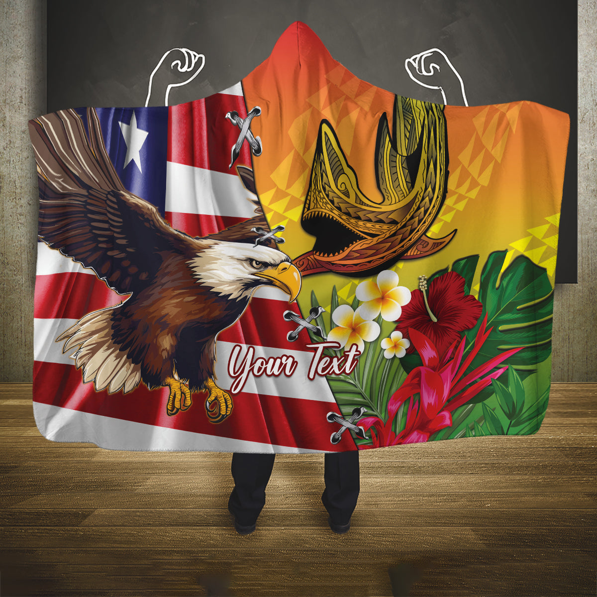 Personalised United States And Hawaii Hooded Blanket USA Eagle With Hawaiian Shark Tattoo