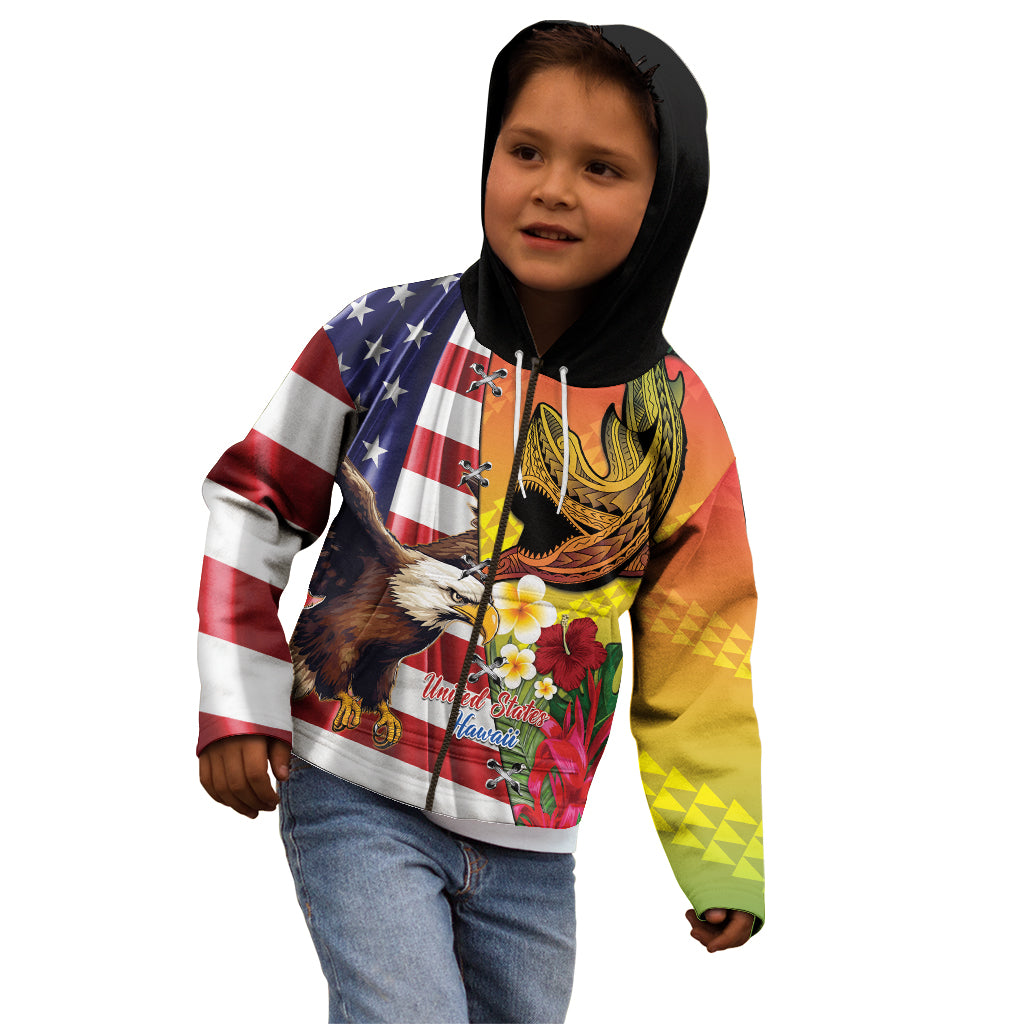Personalised United States And Hawaii Kid Hoodie USA Eagle With Hawaiian Shark Tattoo - Wonder Print Shop