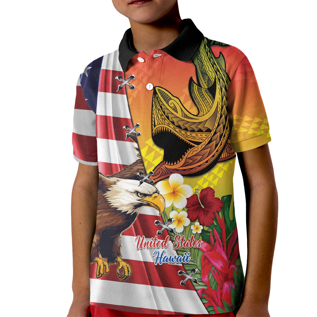 Personalised United States And Hawaii Kid Polo Shirt USA Eagle With Hawaiian Shark Tattoo - Wonder Print Shop