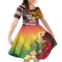 Personalised United States And Hawaii Kid Short Sleeve Dress USA Eagle With Hawaiian Shark Tattoo - Wonder Print Shop