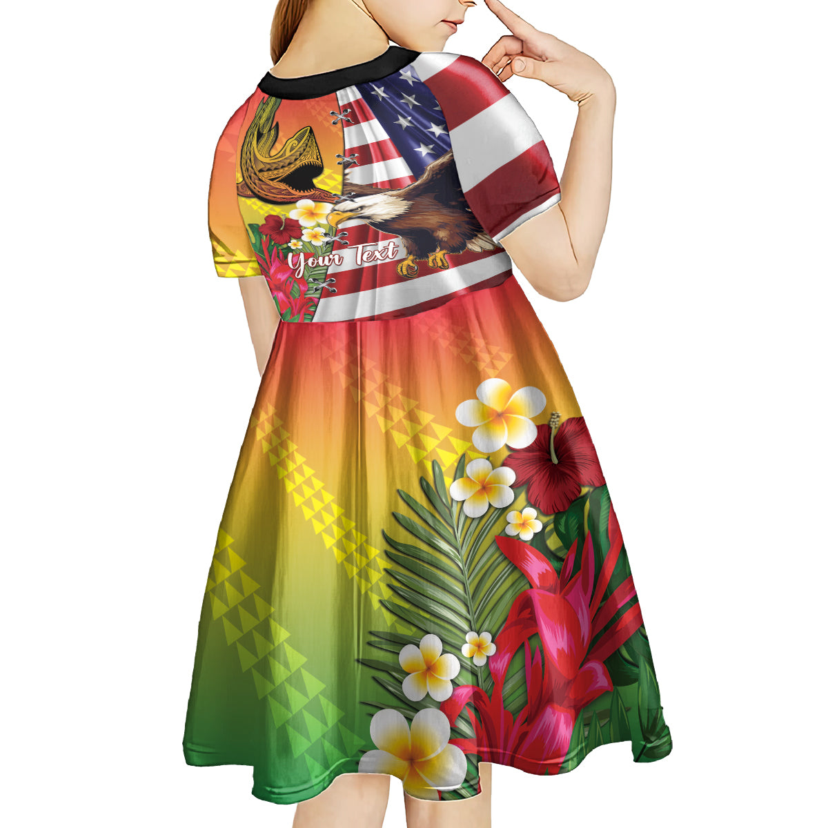 Personalised United States And Hawaii Kid Short Sleeve Dress USA Eagle With Hawaiian Shark Tattoo - Wonder Print Shop