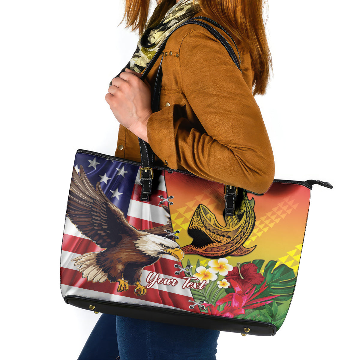 Personalised United States And Hawaii Leather Tote Bag USA Eagle With Hawaiian Shark Tattoo - Wonder Print Shop