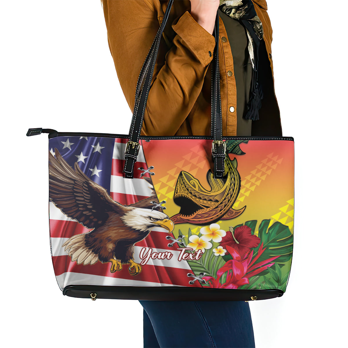 Personalised United States And Hawaii Leather Tote Bag USA Eagle With Hawaiian Shark Tattoo - Wonder Print Shop