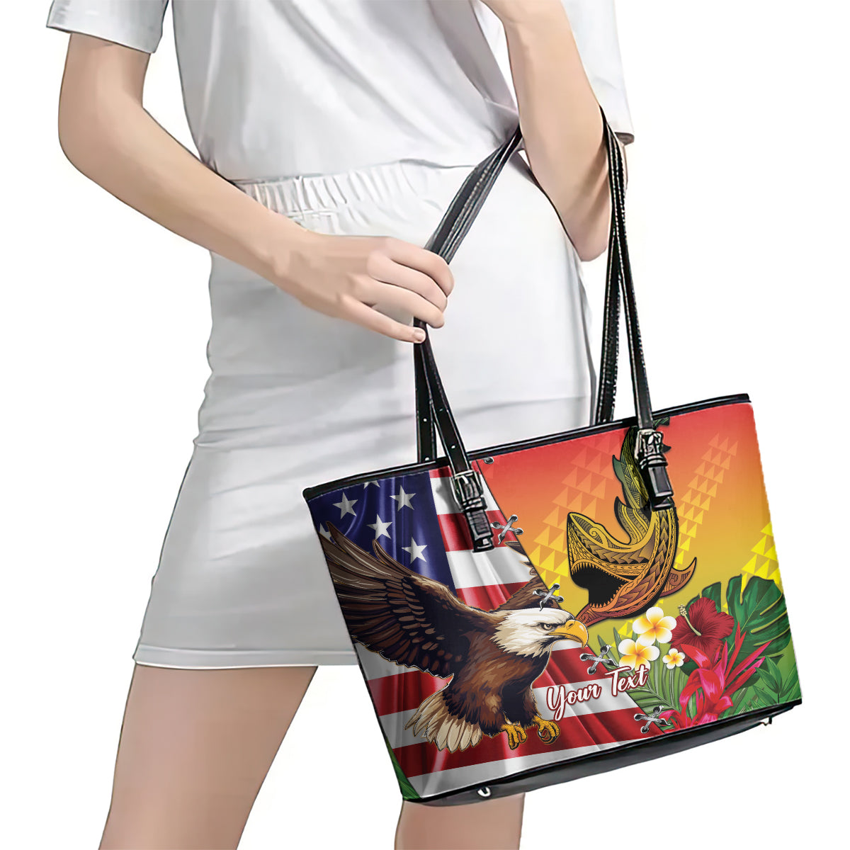 Personalised United States And Hawaii Leather Tote Bag USA Eagle With Hawaiian Shark Tattoo - Wonder Print Shop