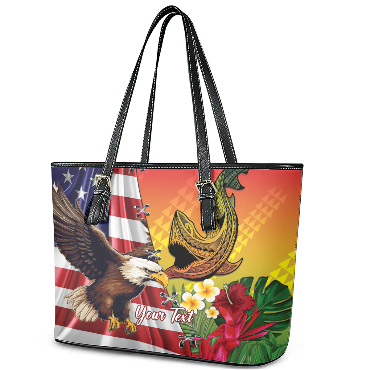 Personalised United States And Hawaii Leather Tote Bag USA Eagle With Hawaiian Shark Tattoo - Wonder Print Shop