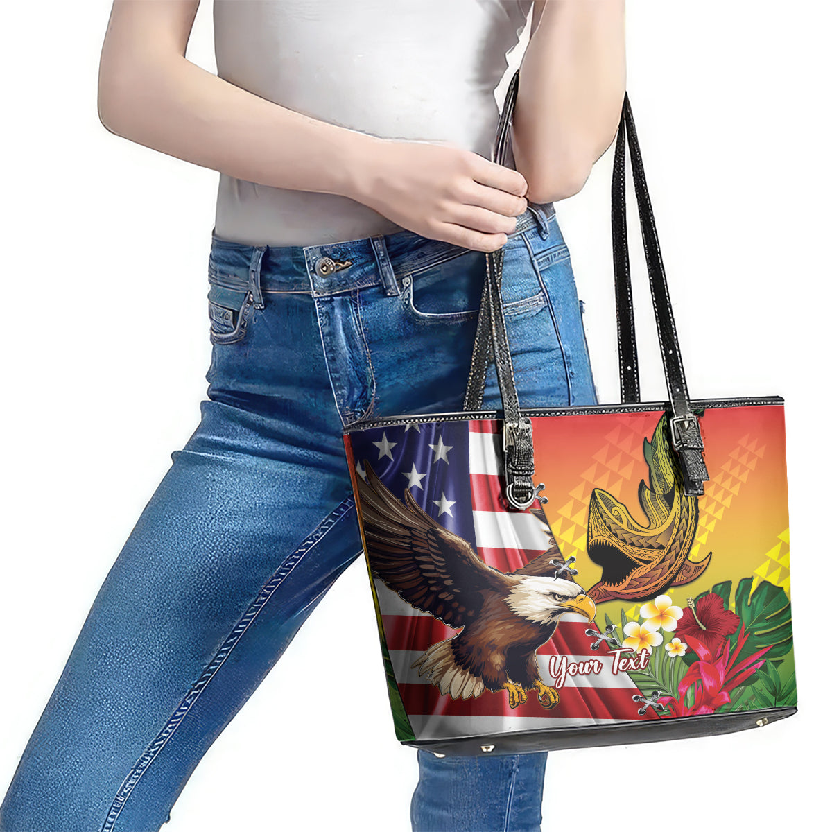 Personalised United States And Hawaii Leather Tote Bag USA Eagle With Hawaiian Shark Tattoo - Wonder Print Shop