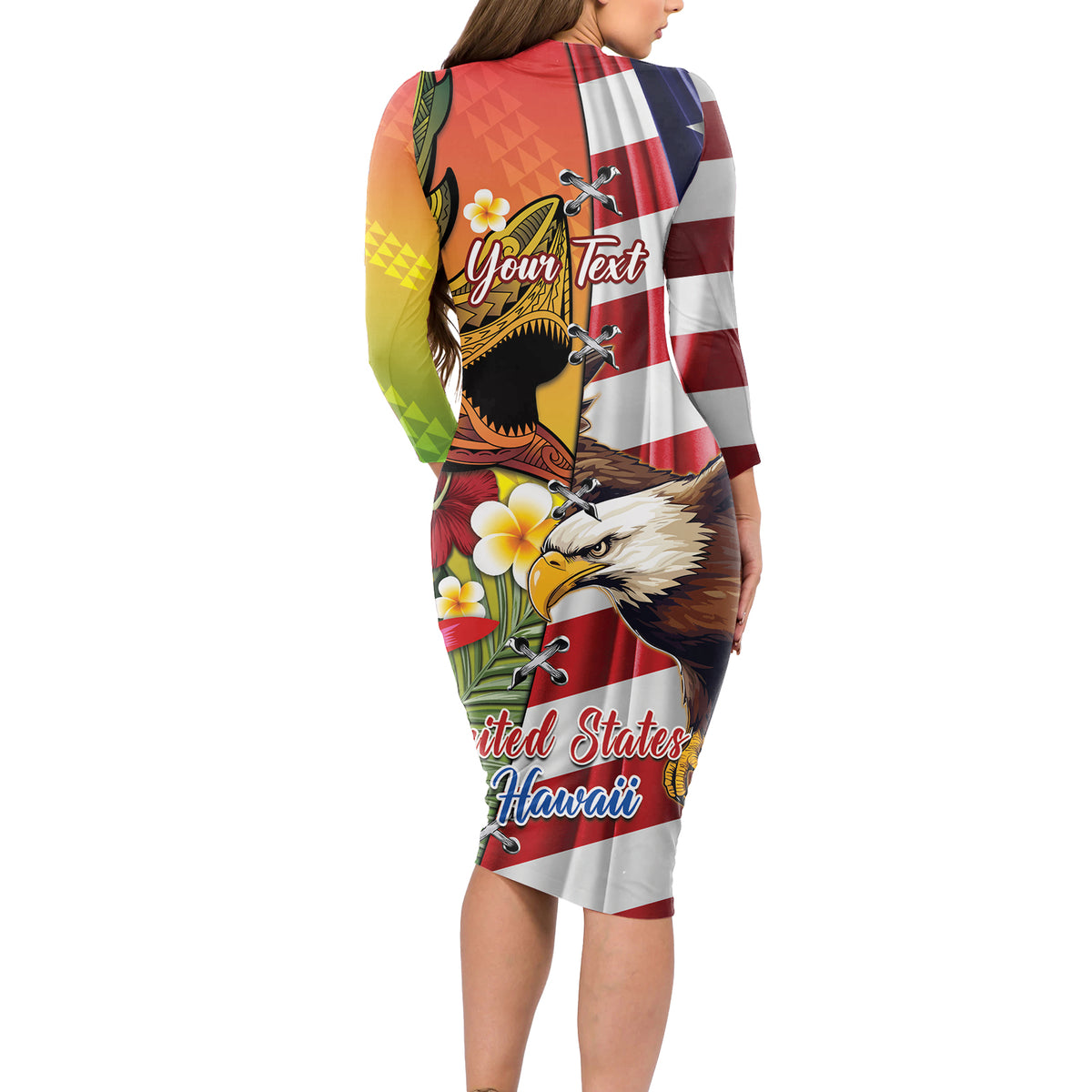 Personalised United States And Hawaii Long Sleeve Bodycon Dress USA Eagle With Hawaiian Shark Tattoo - Wonder Print Shop