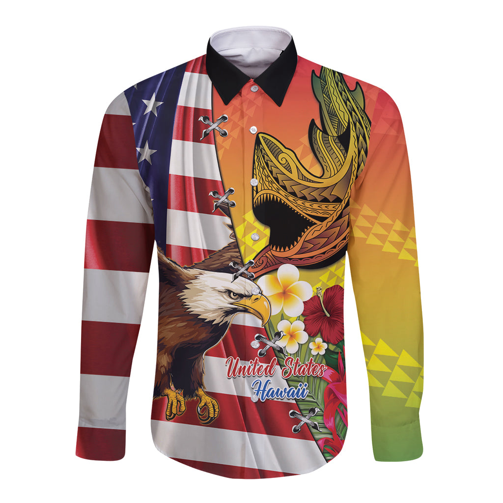 Personalised United States And Hawaii Long Sleeve Button Shirt USA Eagle With Hawaiian Shark Tattoo - Wonder Print Shop