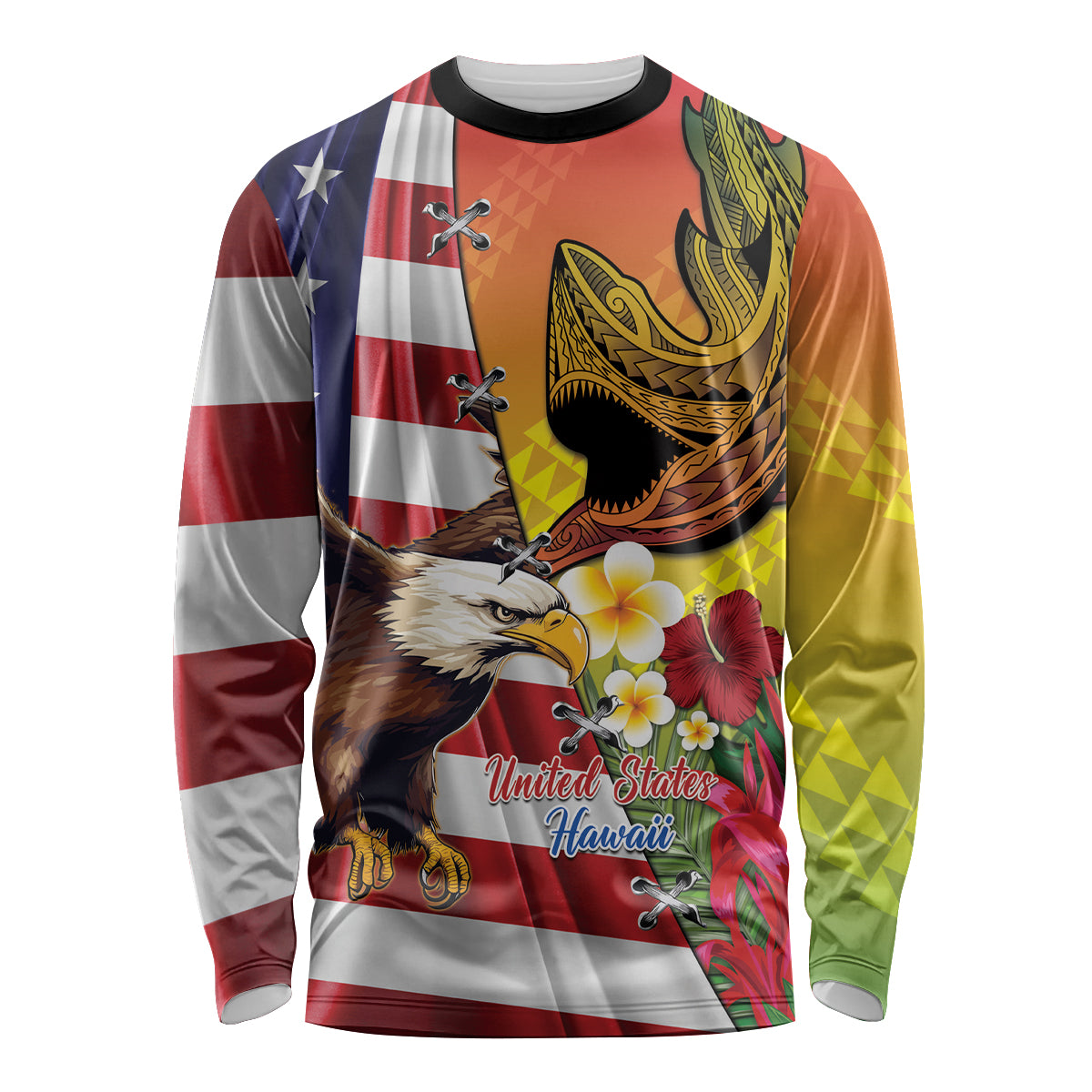 Personalised United States And Hawaii Long Sleeve Shirt USA Eagle With Hawaiian Shark Tattoo - Wonder Print Shop